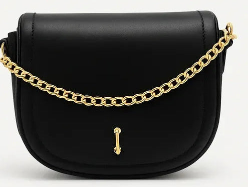 Black Faux Leather Gold Chain Crossbody Bag