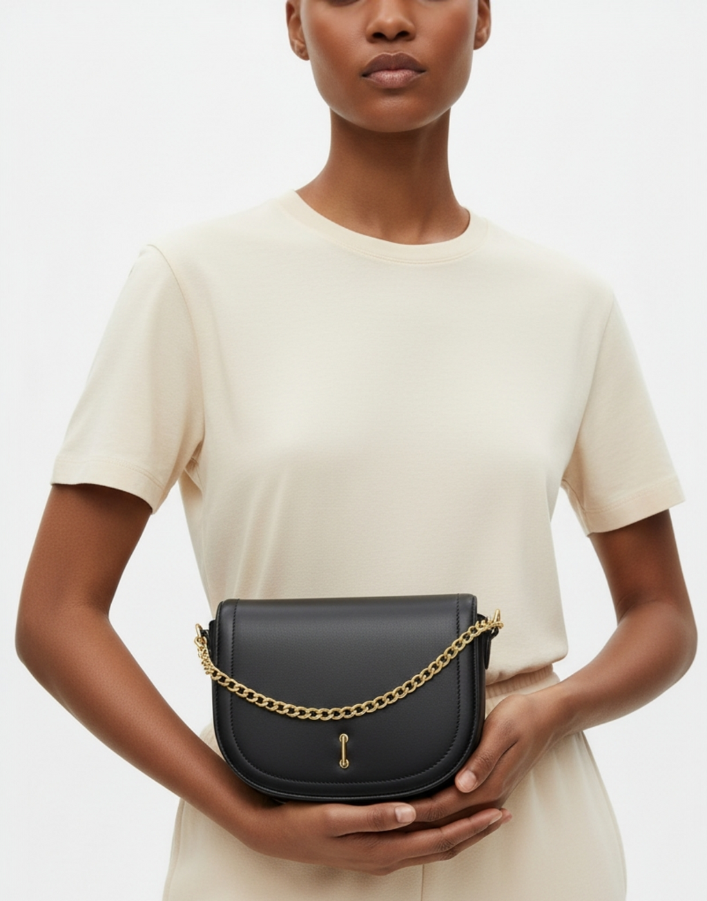 Black Faux Leather Gold Chain Crossbody Bag