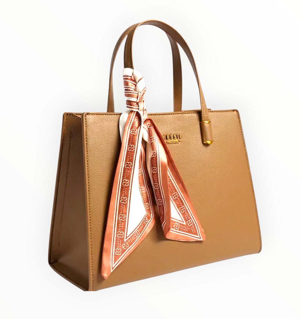 Bessie London Taupe Tote Bag with Silk Scarf – Chic Everyday Carry