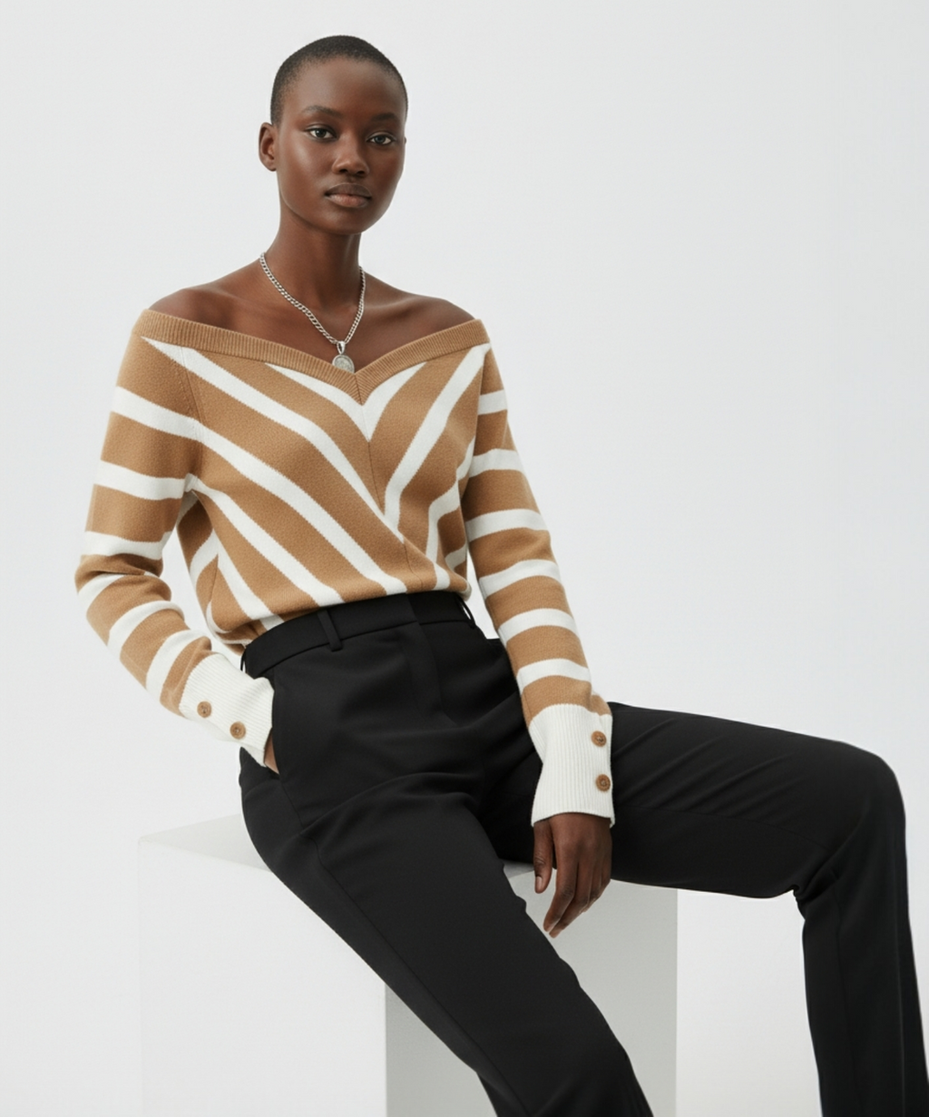 Camel Stripe Off-Shoulder Knit Top — S/M