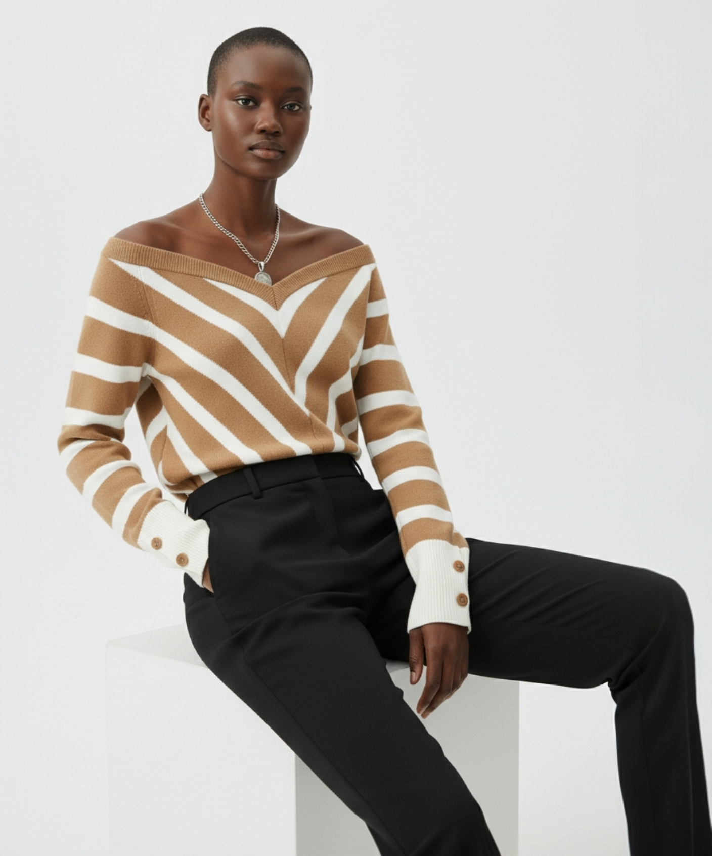 Camel Stripe Off-Shoulder Knit Top — S/M