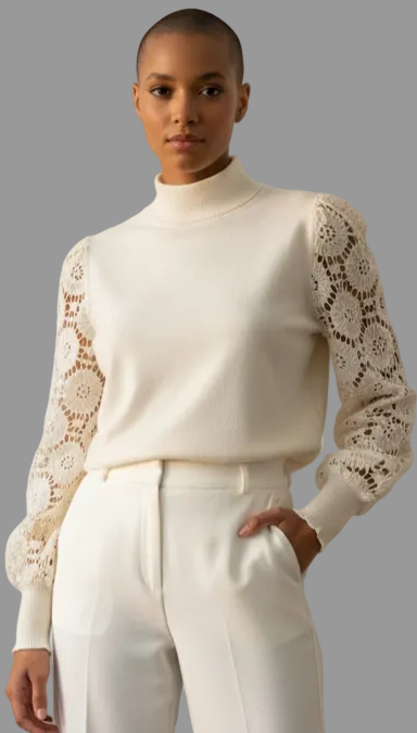 Elegant Lace Sleeve Knit Top — Cream