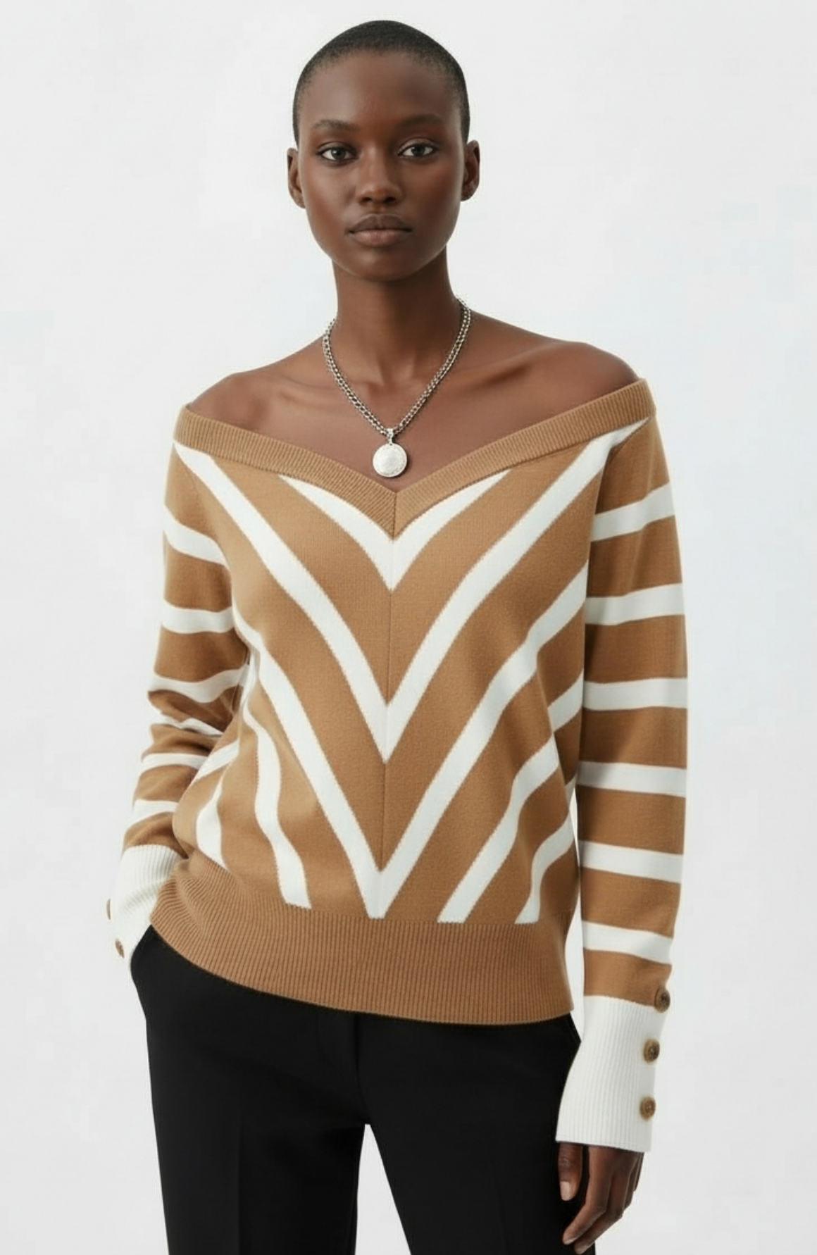 Camel Stripe Off-Shoulder Knit Top — S/M