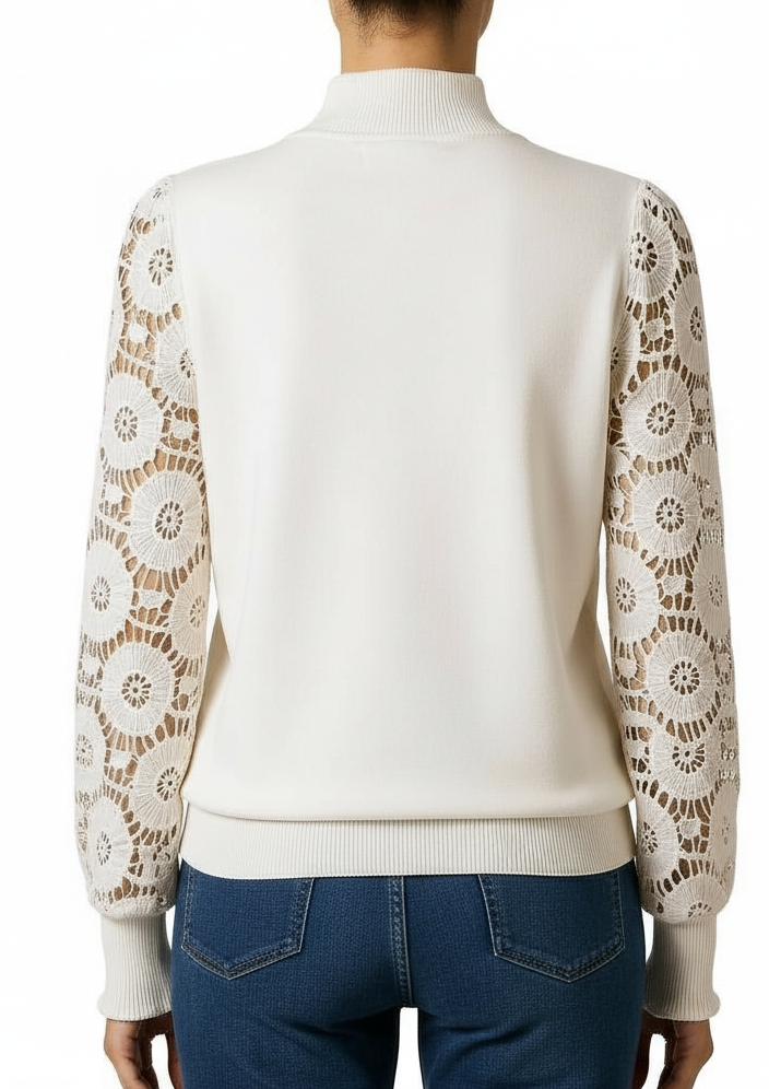 Elegant Lace Sleeve Knit Top — Cream
