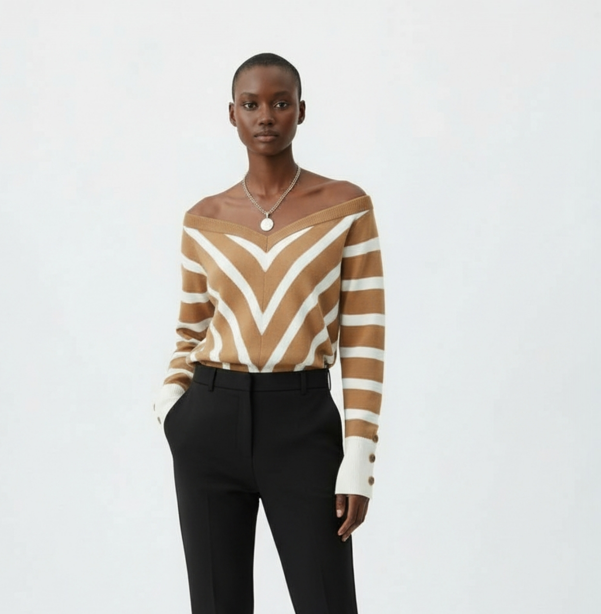 Camel Stripe Off-Shoulder Knit Top — S/M