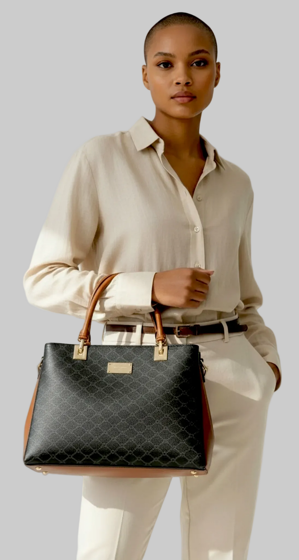 Bessie Logo Print Two-Tone Tote – Black