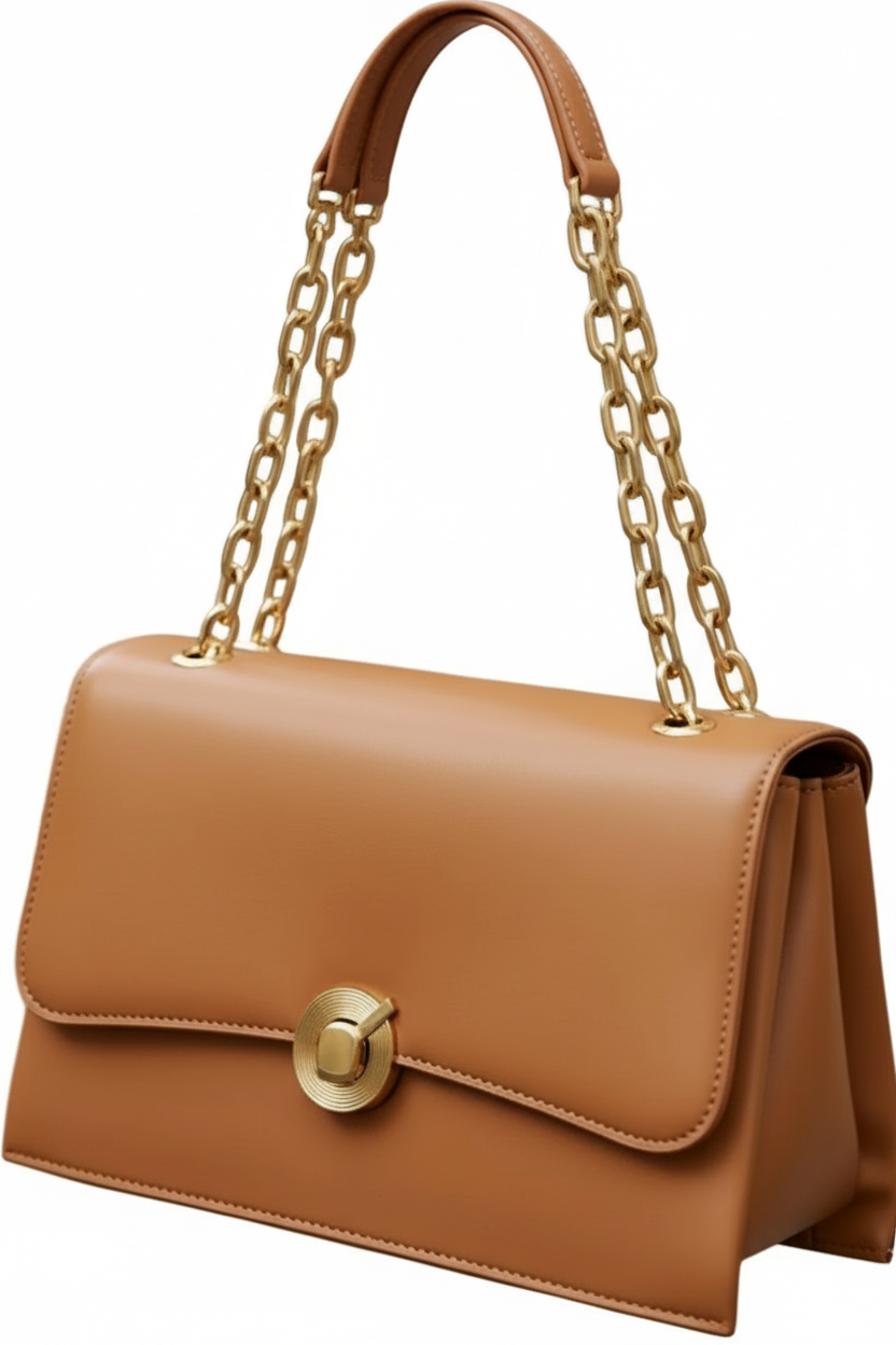 Bessie London Camel Two-Tone Ring Chain Flap Bag – Elegant Shoulder Style