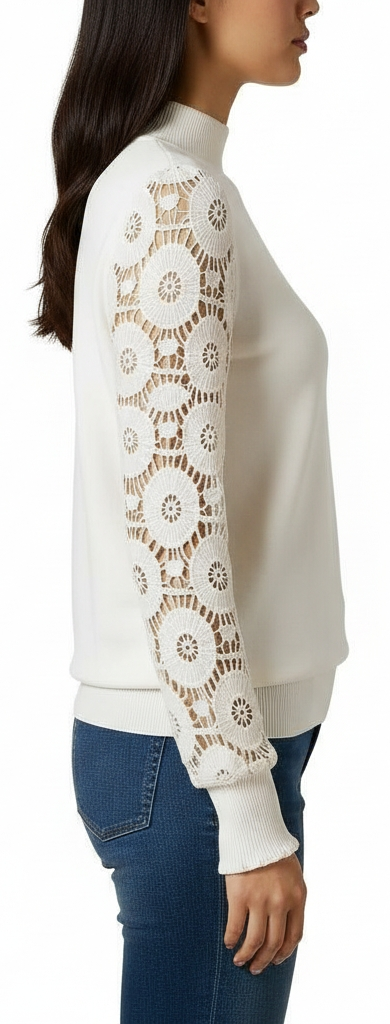 Elegant Lace Sleeve Knit Top — Cream