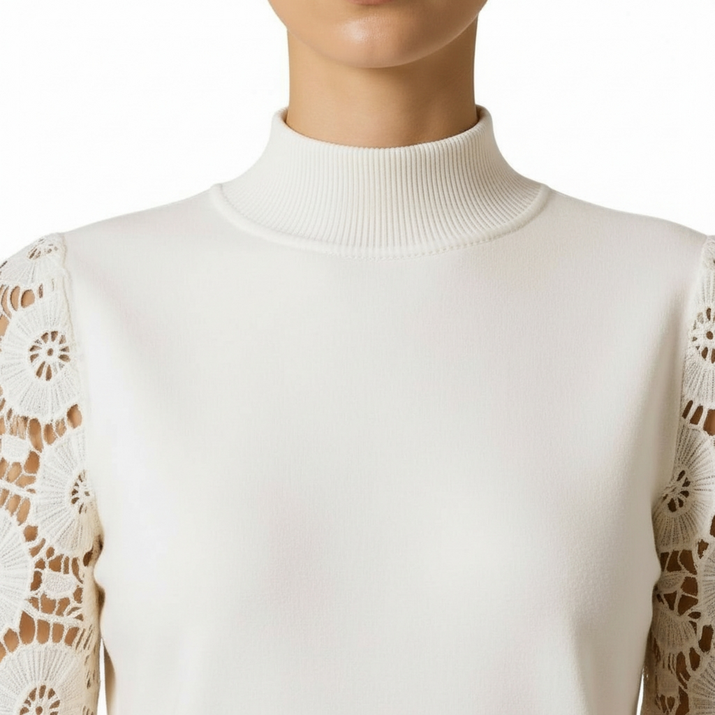 Elegant Lace Sleeve Knit Top — Cream