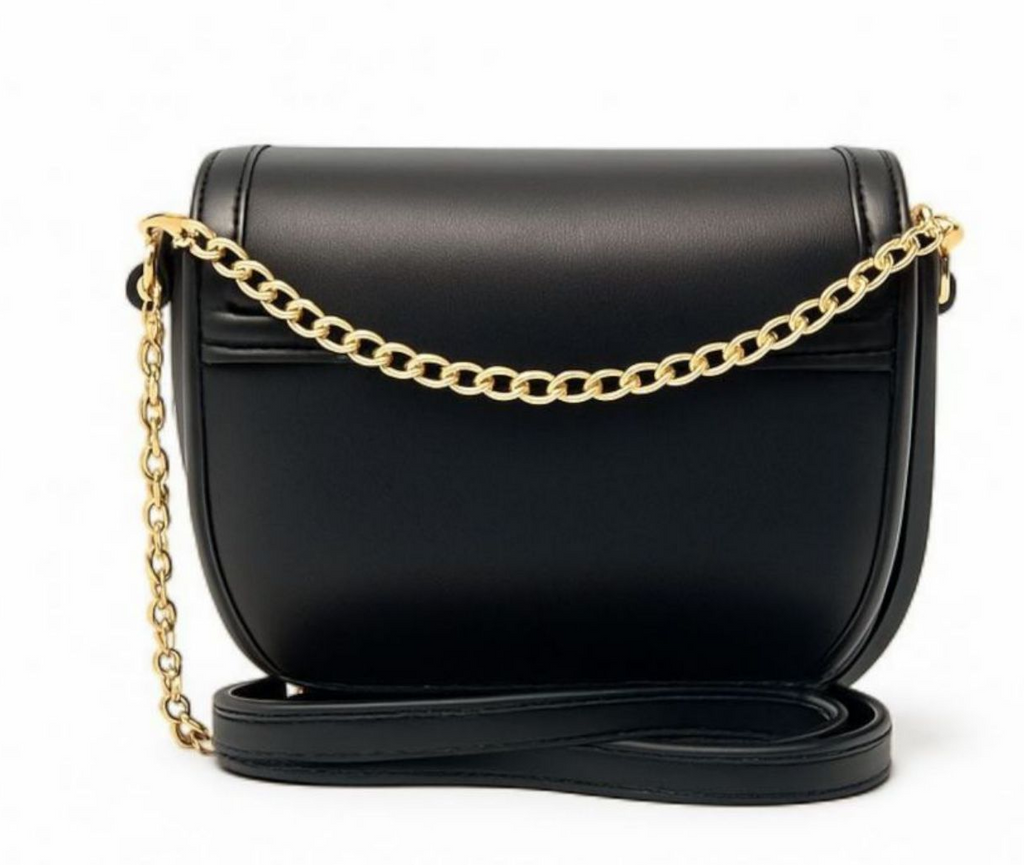 Black Faux Leather Gold Chain Crossbody Bag