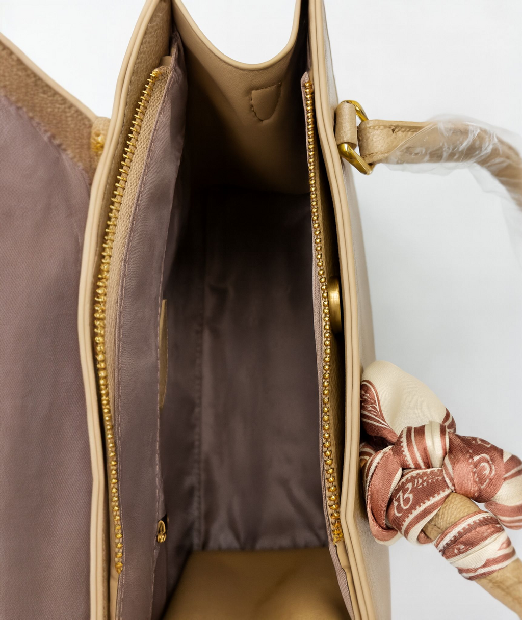 Bessie London Taupe Tote Bag with Silk Scarf – Chic Everyday Carry
