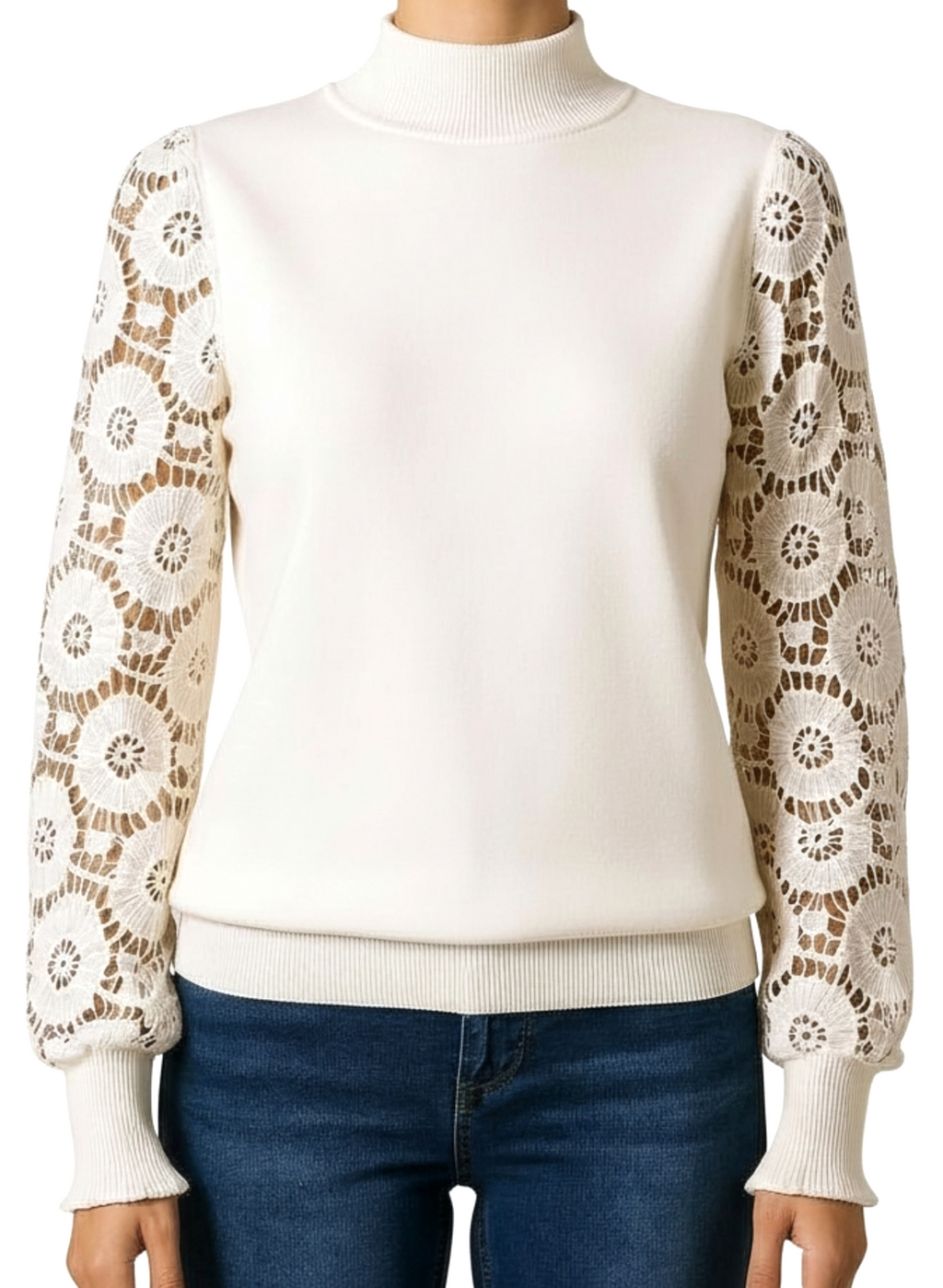 Elegant Lace Sleeve Knit Top — Cream