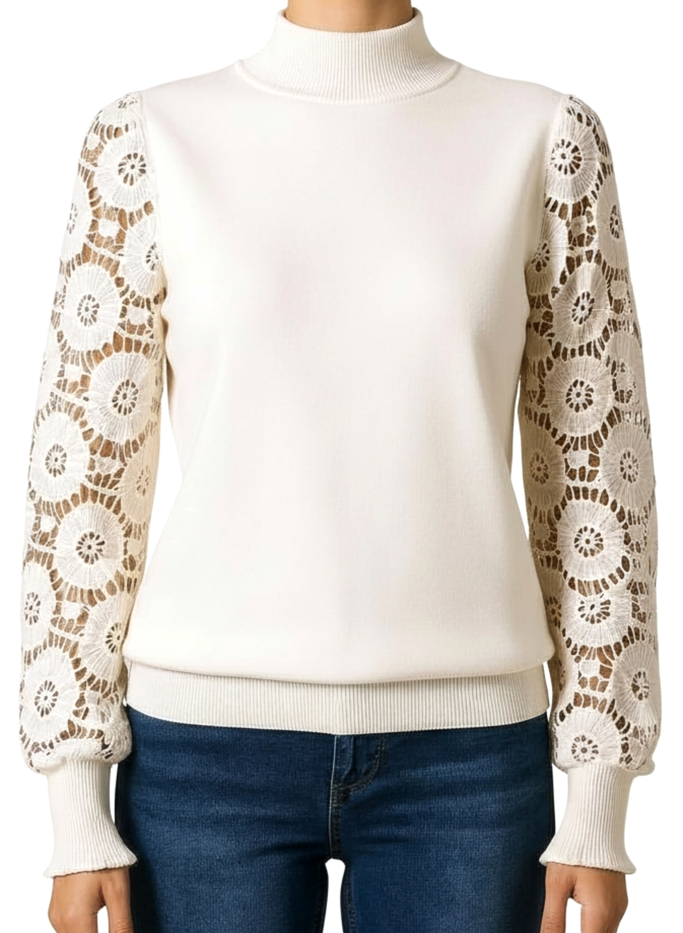Elegant Lace Sleeve Knit Top — Cream
